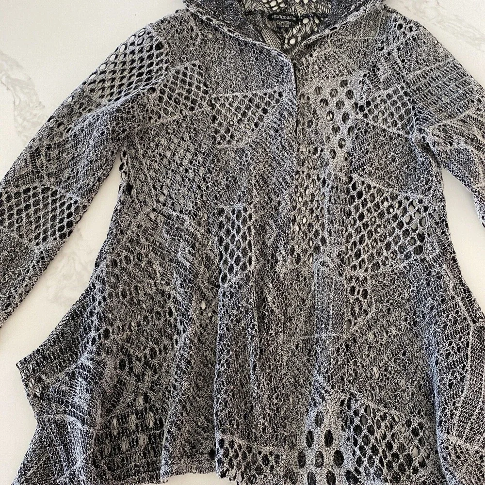 Venice Blue Crochet Lace Hooded Cardigan Gray‎ Free Size S/M Boho - Picture 2 of 8